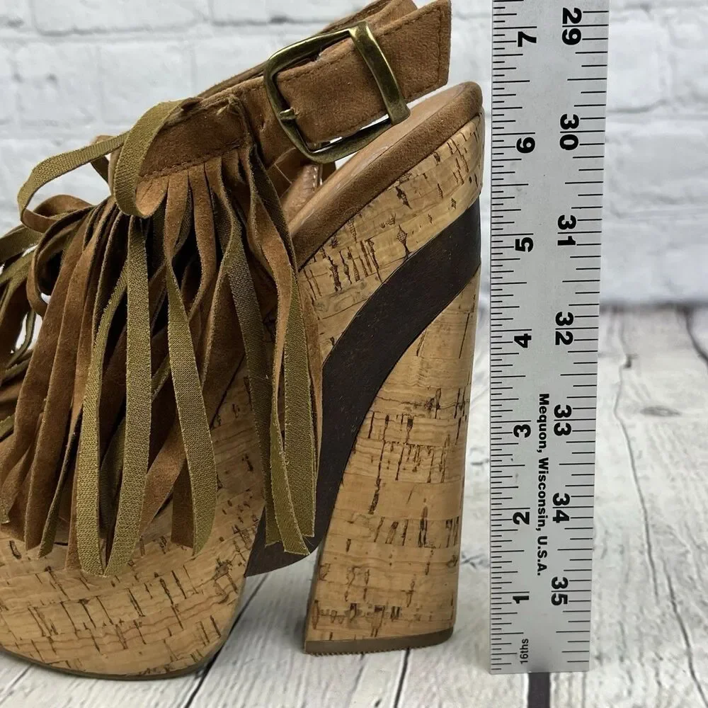 Enigma Fringe Wedge Sandal Womens Size 37 /6.5 US Brown Faux Suede Boho Hippie
